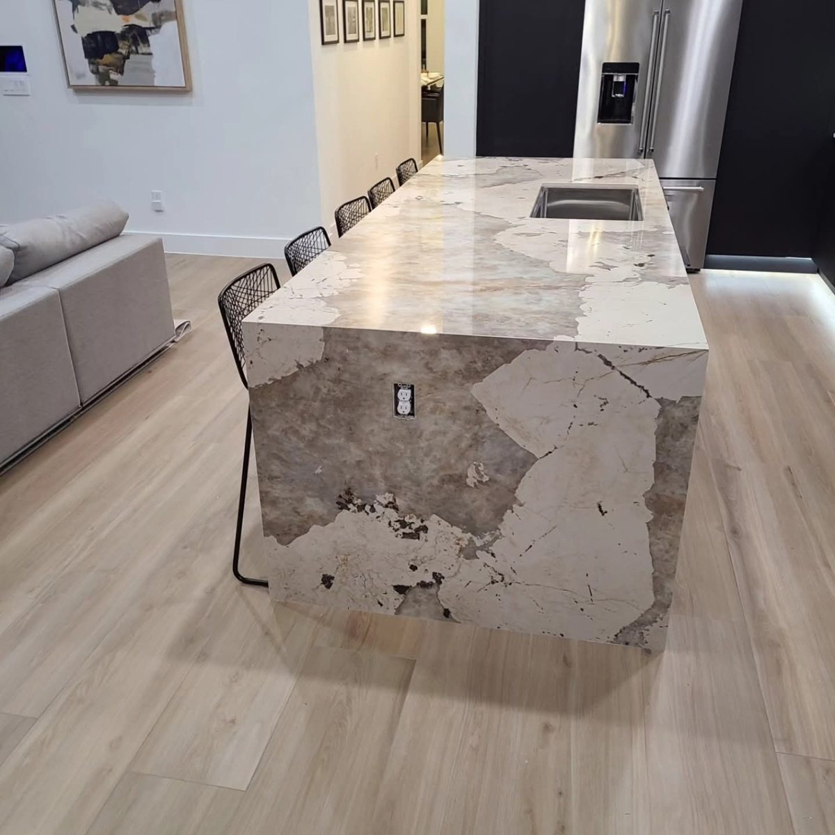 Waterfall stone kitchen island